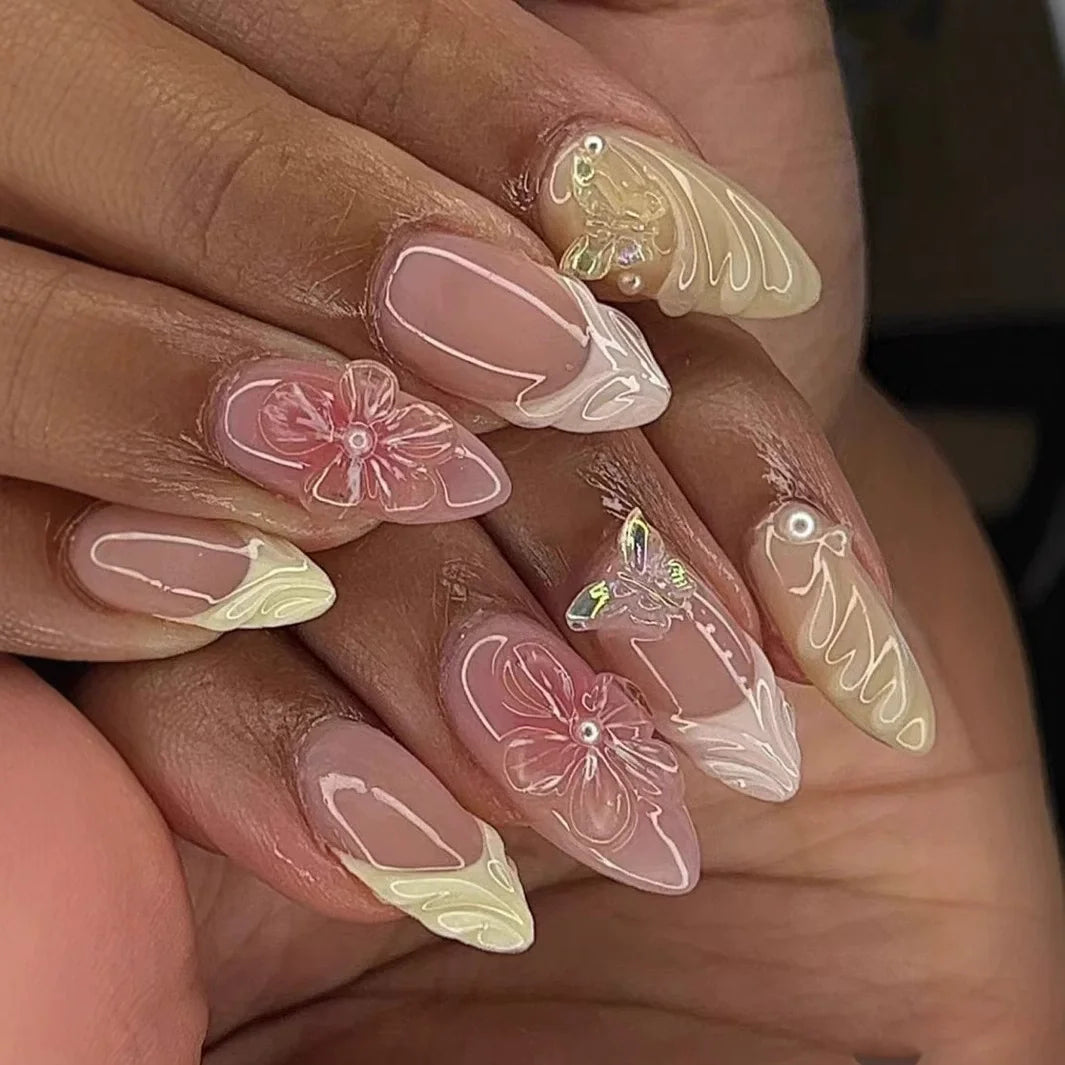 24Pcs Pink Almond False Nails with French Design - Smarsty
