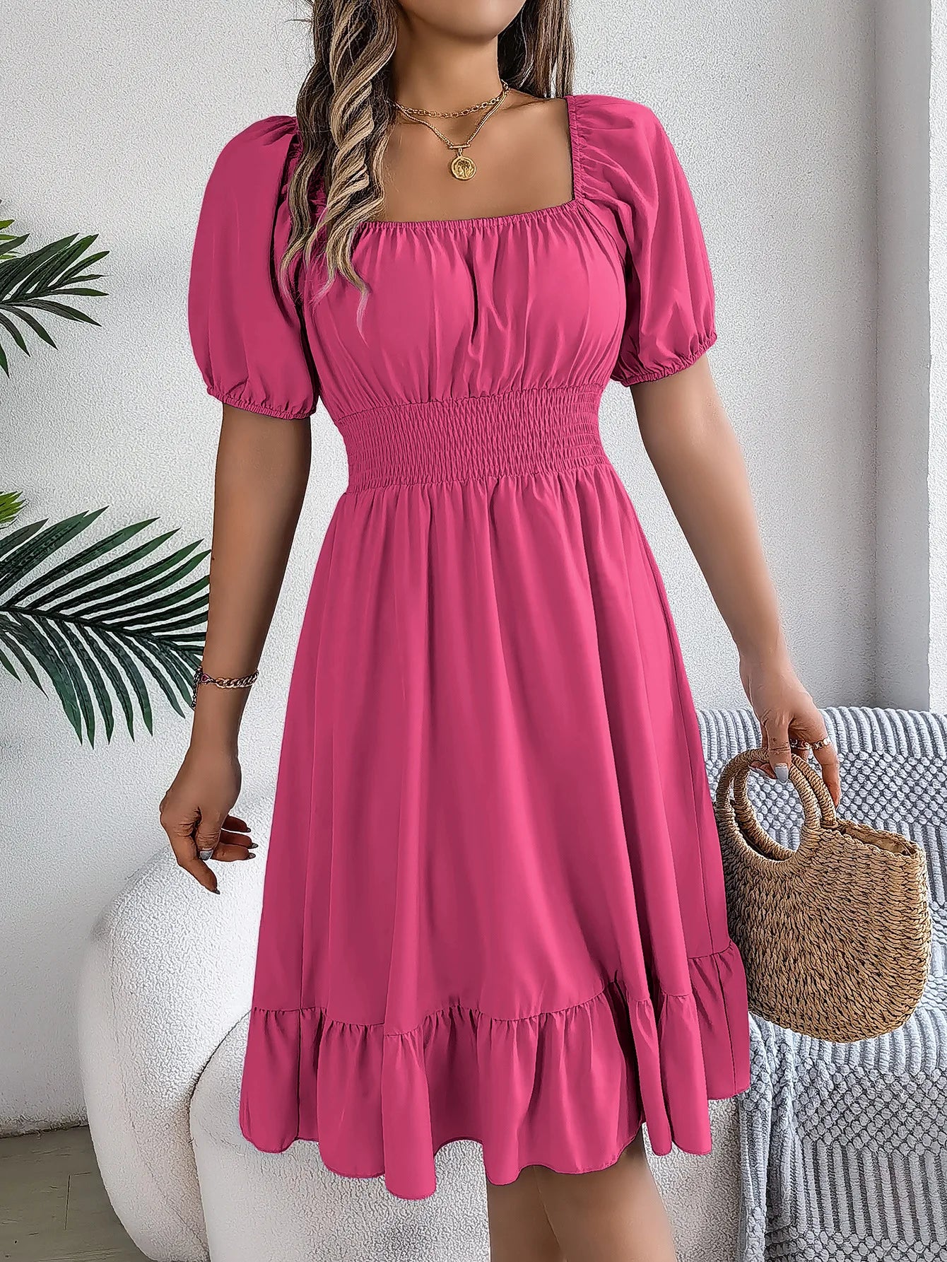 Women's MIidi Dresses 2024 Summer Casual Square Neck Short Sleeved Waist Ruffle Edge Dress Dress Women Elegant Платья Женские - Smarsty
