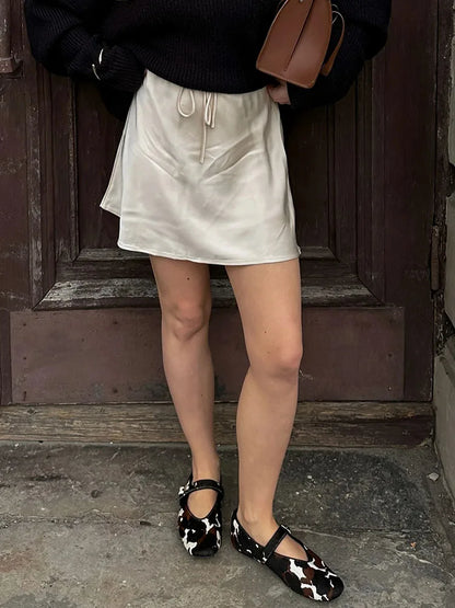 Satin Mini Skirts Women Summer Beige Silk Short Skirt For Woman Drawstring High Waist Black Satin Skirt A Line Women Short 2025 - Smarsty