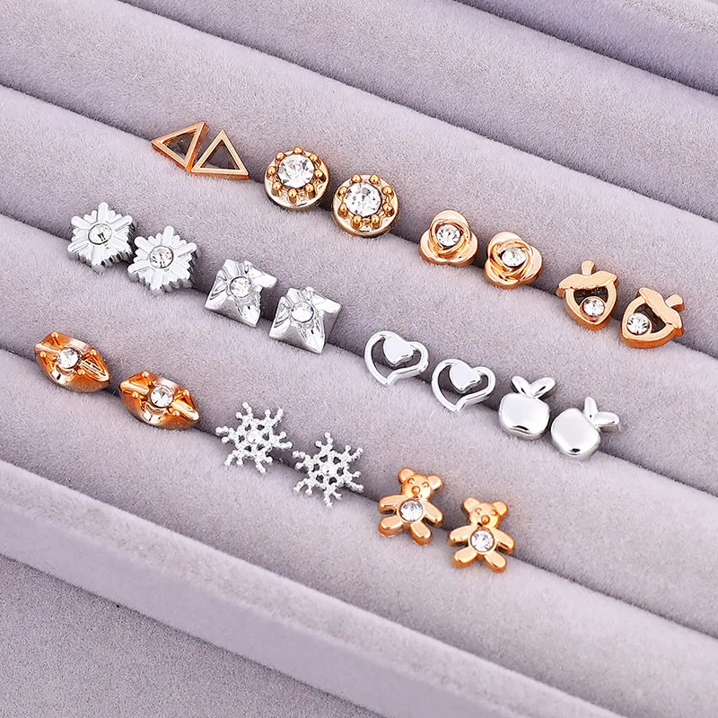 Gold and Silver Enamel Flower Heart Stud Earrings Set - Smarsty