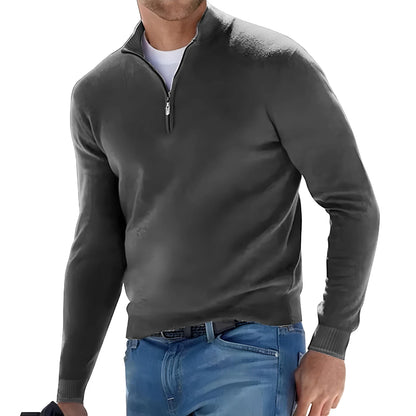 New Men's Long Sleeve Pullover Solid Color Half Zipper Sweaters V-neck Knitted Sweater Men Oversized Breathable Streetwear - Smarsty