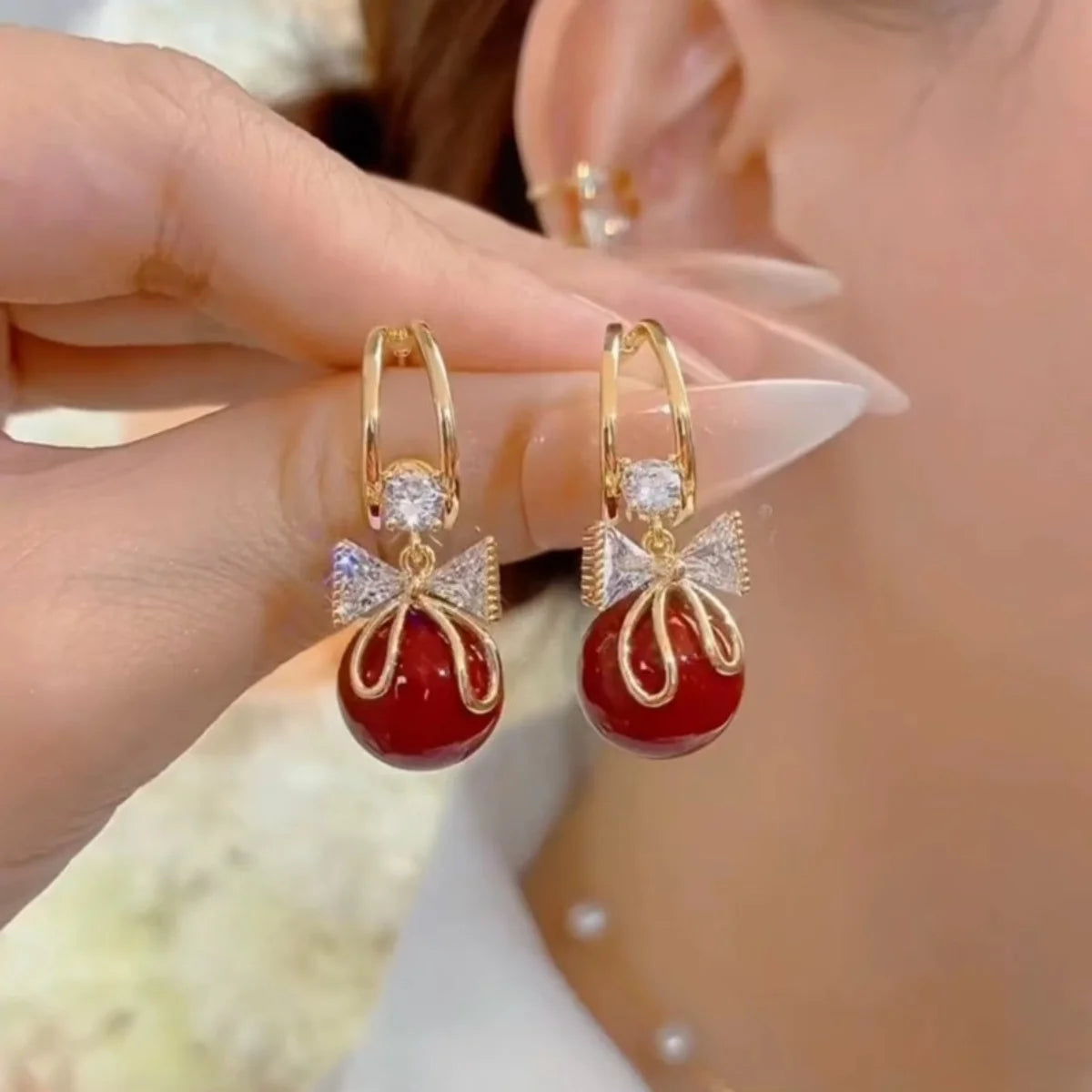 Korean Zircon Bow Drop Earrings with Imitation Pearl Flowers - Smarsty