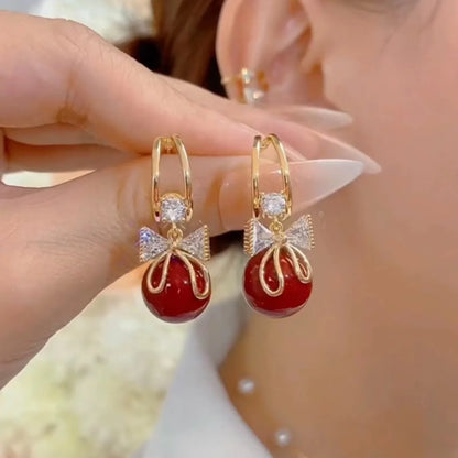 Korean Zircon Bow Drop Earrings with Imitation Pearl Flowers - Smarsty