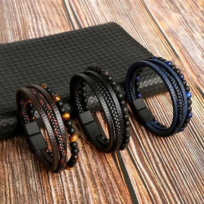 Men Leather Bracelet Multi Layer Tiger Eye Beaded Design - Smarsty