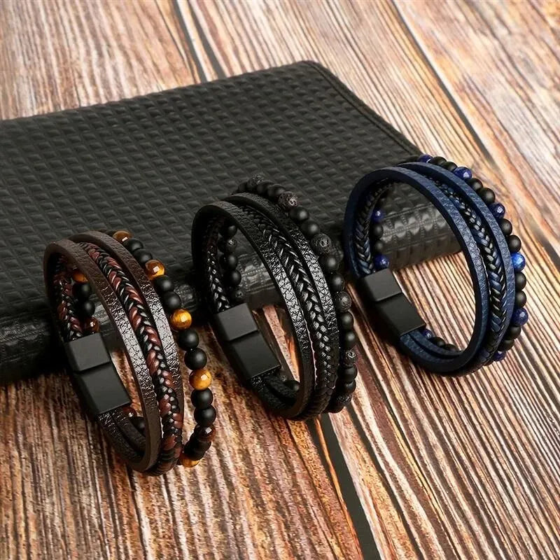 Men Leather Bracelet Multi Layer Tiger Eye Beaded Design - Smarsty