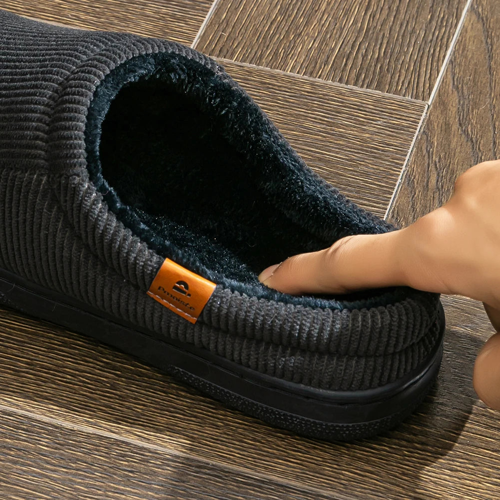Warm Slippers for Men TPR Sole Memory Foam Soft Cushion Non Slip Stripe Design Comfortable Corduroy House Shoes - Smarsty