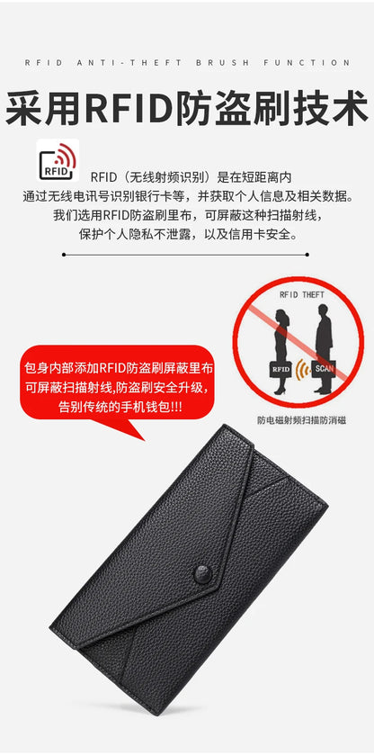 RFID Anti-Theft Purse for Women, Lychee Print, Soft Leather, Envelope Long Wallet, Ultra-thin, Portable, Simple Hand Bag