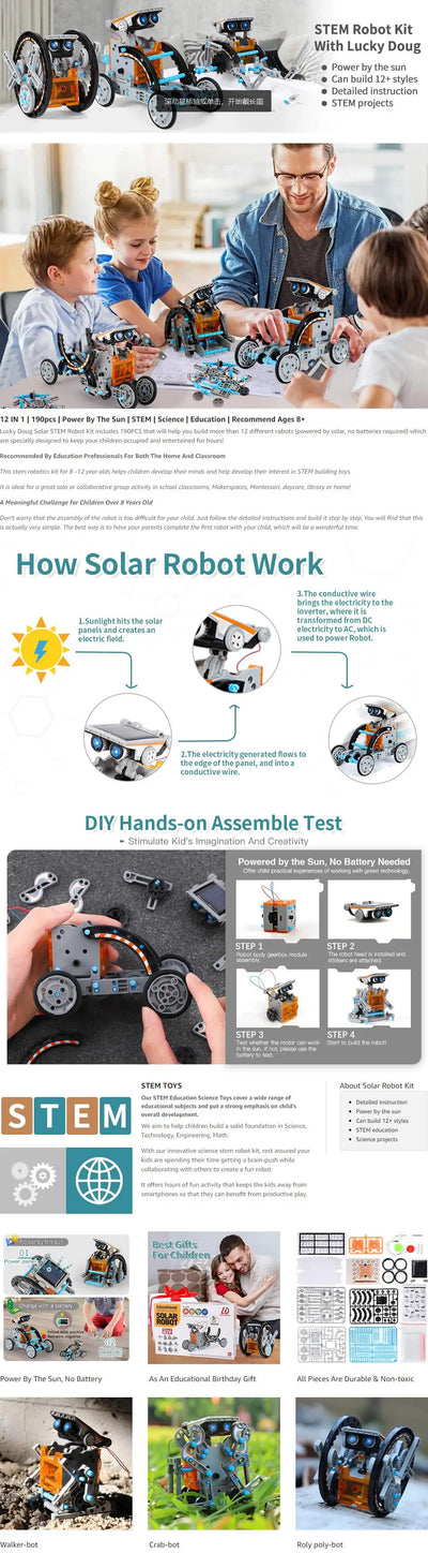 12-In-1 Stem Solar Robot Kit Toys Gifts For Kids 3-8 Years Old Educational Building Science Experiment Set Birthday Gifts Boys