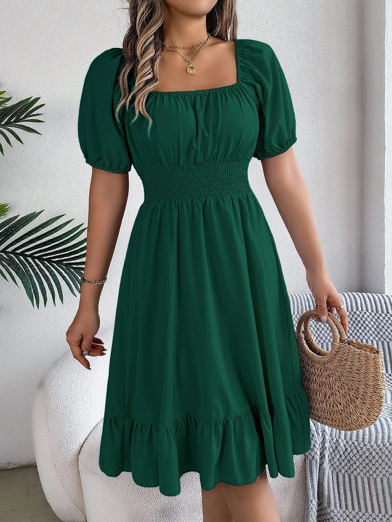 Women's MIidi Dresses 2024 Summer Casual Square Neck Short Sleeved Waist Ruffle Edge Dress Dress Women Elegant Платья Женские - Smarsty