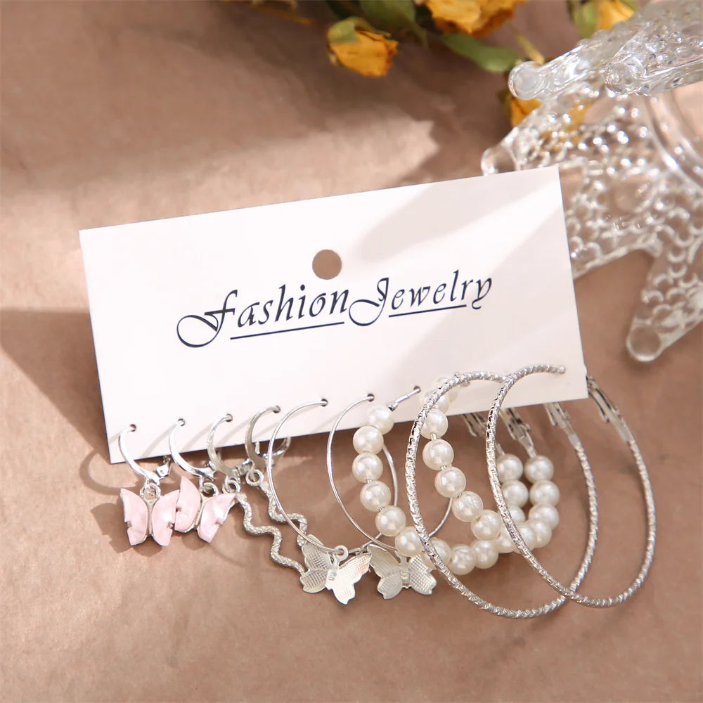 Silver Pearl Hoop Earrings Set For Women Ladies Y2K Style - Smarsty