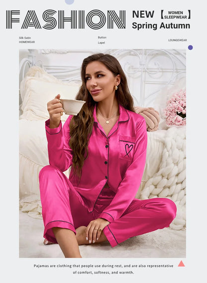 Autumn Satin Pajama for Women Heart-shaped Embroidery Sleepwear & Loungewear Long Sleeve Top & Pants Home Clothes Pyjama 2 Piece - Smarsty