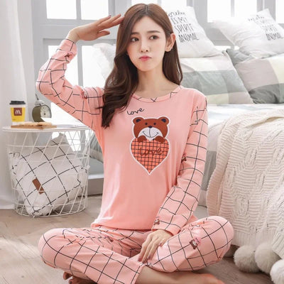 Autumn Thin 2pieces Pyjamas Set Women 2025 Round Neck Girls Bear Pajamas Sets Teacup Cat Full Sleepwear Tops lovers Pajama Mujer - Smarsty