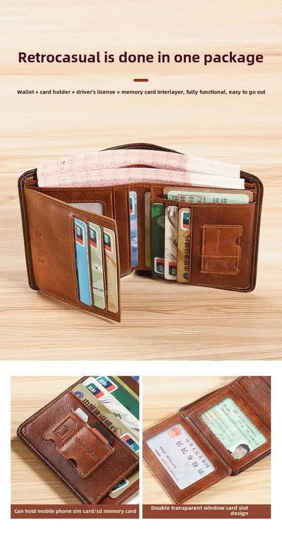 Men Wallet Genuine Leather Rfid Blocking Trifold Wallet Vintage Thin Short Multi Function ID Credit Card Holder Male Purse Money - Smarsty