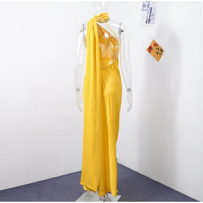 Elegant Solid Ribbon Women Halter Dress Off Shoulder Sleeveless Backless Slim Female Maxi Dresses 2025 Summer New Chic Lady Robe - Smarsty