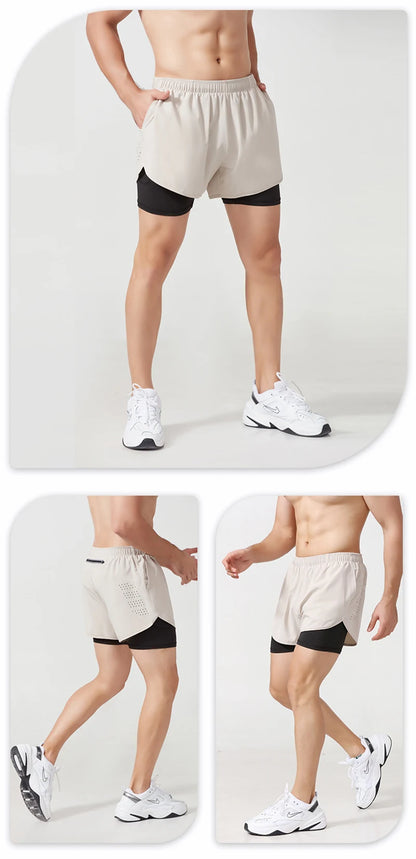 Men's Running Shorts Quick-drying Fitness Black Double Layer Shorts Men New Sport Workout Training Bodybuilding Short Pants - Smarsty