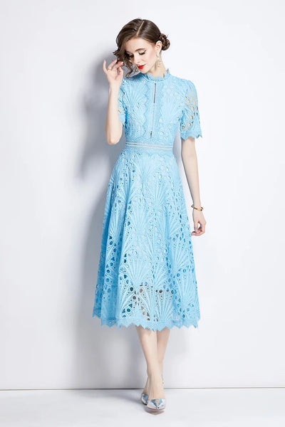 H Han Queen Spring New Elegant Casual Work Party Dresses Floral Crochet Hollow Out Lace Patchwork Casual Office Midi Dress - Smarsty
