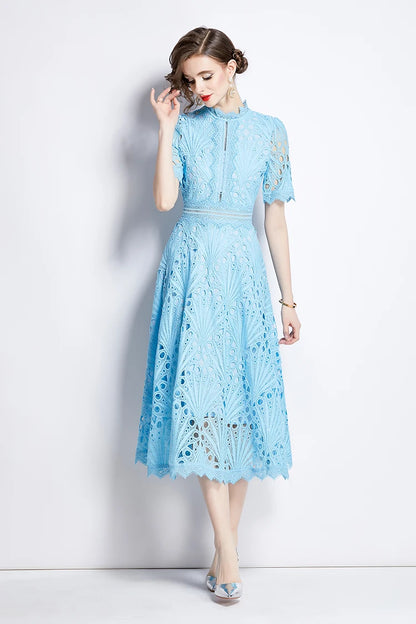 H Han Queen Spring New Elegant Casual Work Party Dresses Floral Crochet Hollow Out Lace Patchwork Casual Office Midi Dress - Smarsty