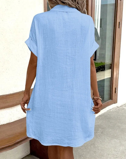 Women's Fashion Summer Minimalist V-neck Button Up Dress Woman Cotton Linen White Short Sleeved Pocket Casual Loose Shirt Dress - Smarsty
