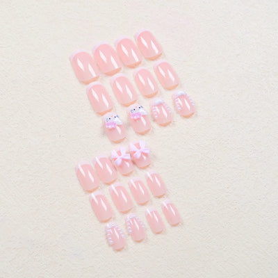 Cute Cartoon Cat Pink French Nail Set for Parties - Smarsty
