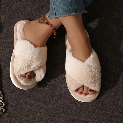 Cross Warm Fluffy Furry Slippers Women Lightweight Flat Heels Fur Slides Woman Autumn Winter Open Toe Non Slip Home Floor Shoes