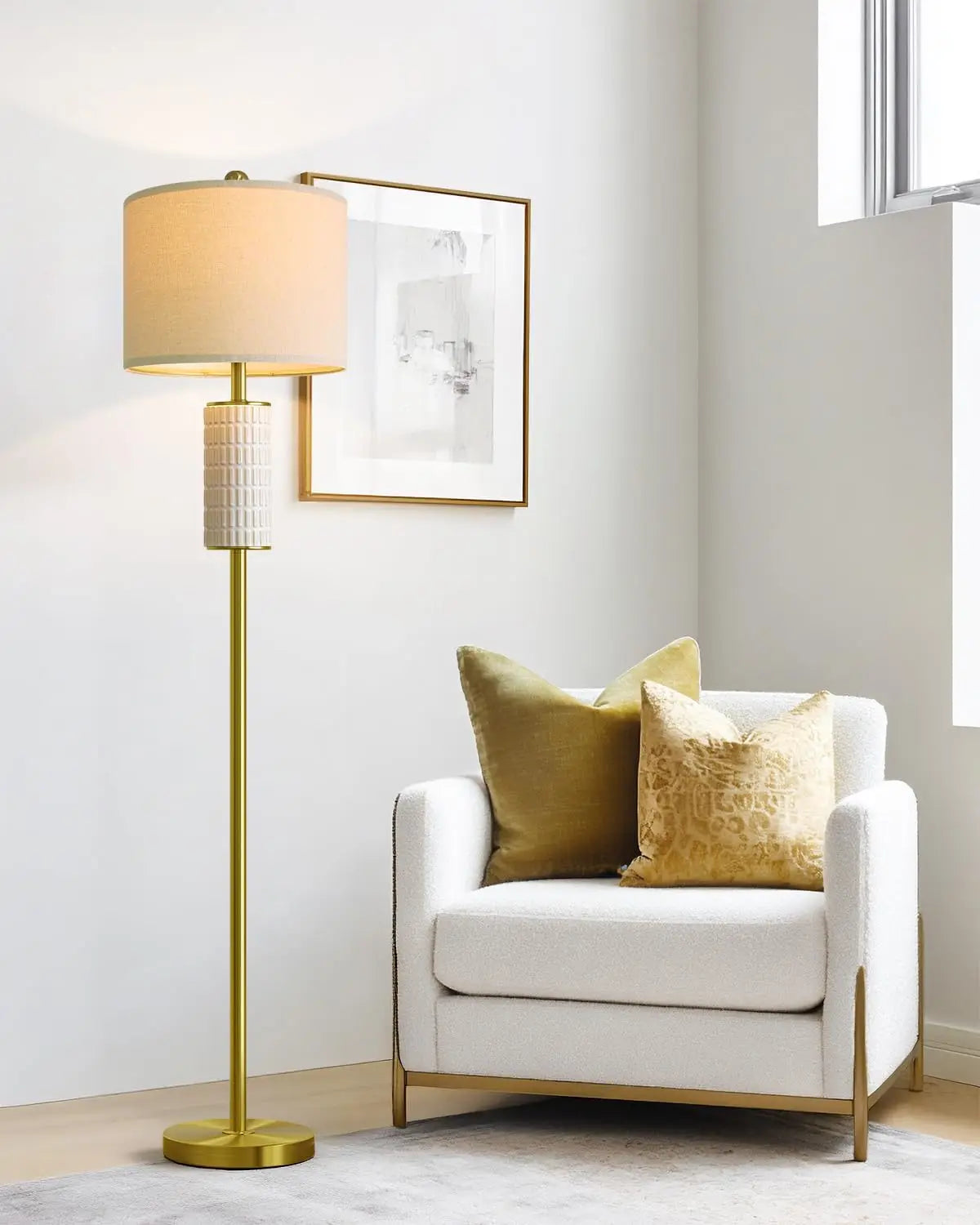 64" Modern Gold Ceramic Floor Lamp with Rotary Switch for Living Room Bedroom Reading Corner Home Office Nursery