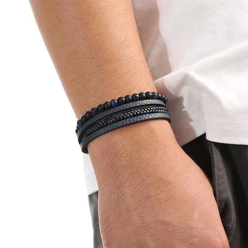 Men Leather Bracelet Multi Layer Tiger Eye Beaded Design - Smarsty