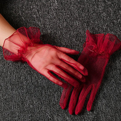 Women Lace Tulle Gloves Stretchy Full Finger Wedding Gloves - Smarsty