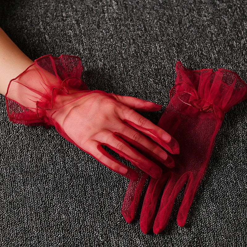 Women Lace Tulle Gloves Stretchy Full Finger Wedding Gloves - Smarsty