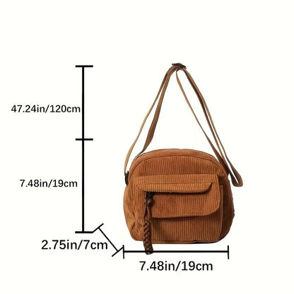 Corduroy Crossbody Bag Zipper Closure Adjustable Strap - Smarsty