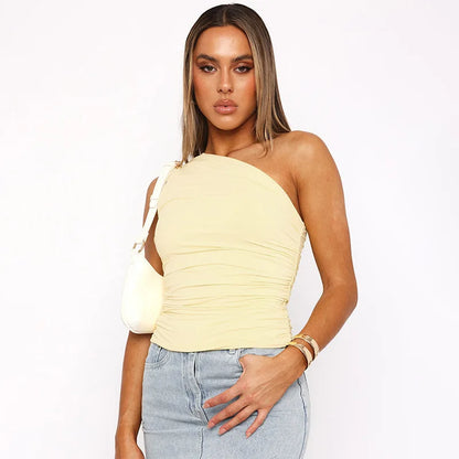 Solid Color One Shoulder Backless Shrink Tank Top T-Shirt Candy Color Tight Sexy Sleeveless Neckless Slim Casaul Top