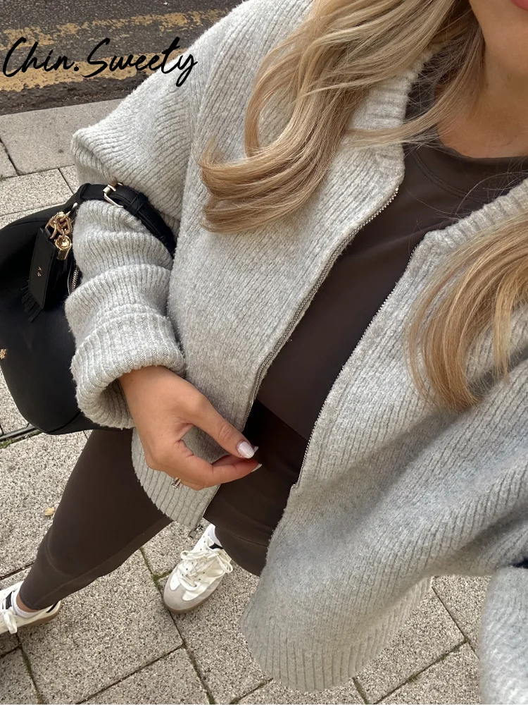 Vintage Knit Women Cardigan Casual Full Sleeve Zipper O Neck Pleated Solid Lady Sweater 2025 Autumn Fashion Female Knitwear - Smarsty