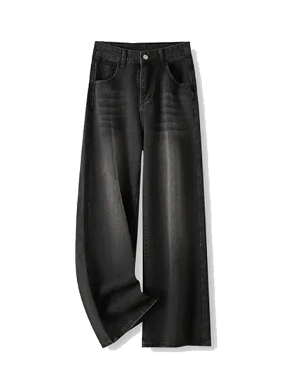 Korean Vintage High Waist Women's Jeans Y2K Slimming Pear-Shaped Loose Straight Bell Bottoms Black Gray Baggy Denim Trousers - Smarsty