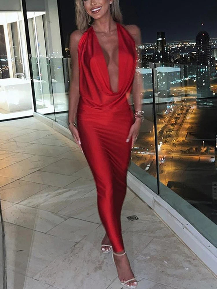Dulzura Autumn Women Halter Backless Midi Dress For Women Bodycon Sexy Party Elegant Outfits Evening Birthday Clothes Y2K 2024 - Smarsty