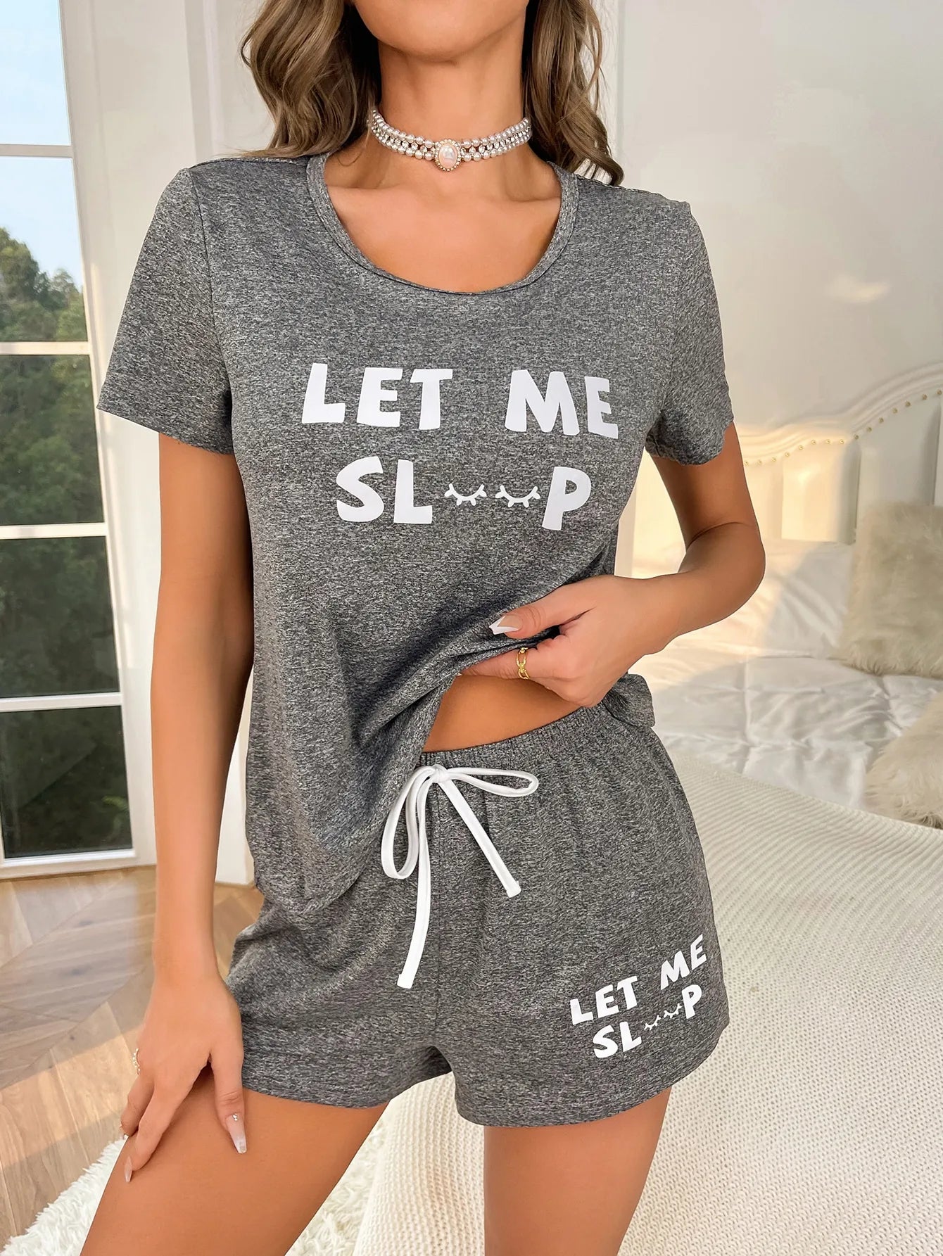 Women's new style pajamas set gray top letter shorts two-piece casual home wear - Smarsty