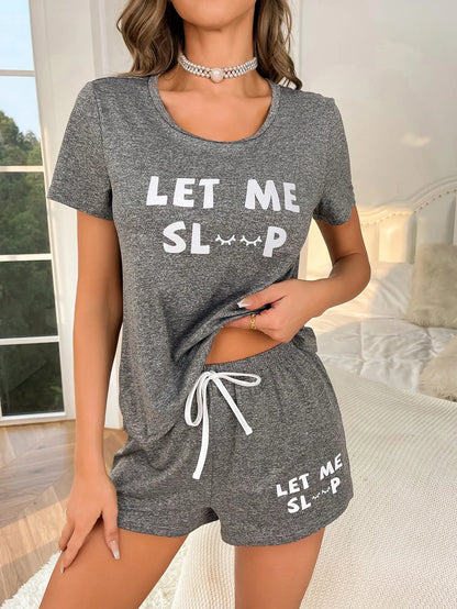 Women's new style pajamas set gray top letter shorts two-piece casual home wear - Smarsty