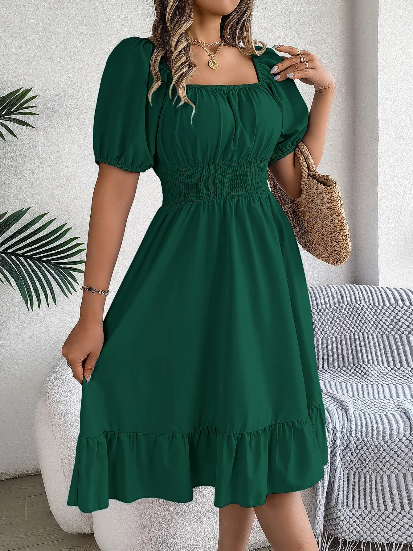 Women's MIidi Dresses 2024 Summer Casual Square Neck Short Sleeved Waist Ruffle Edge Dress Dress Women Elegant Платья Женские - Smarsty
