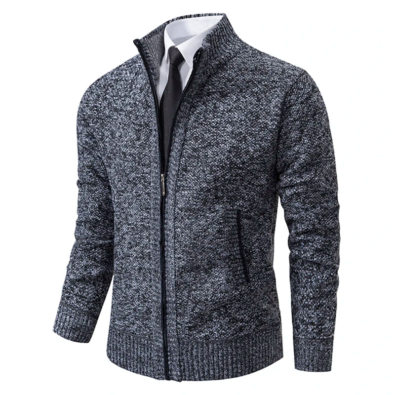Autumn And Winter New Jersey Men's Casual Sports Coat Solid Color Stand Collar Wweater Grab Fleece Warm Zipper Cardigan - Smarsty