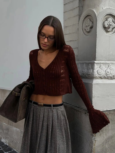 TARUXY Hollow Knitted Cardigan Women's Solid Long Sleeve V Neck Short Sweater Top Summer 2025 New Female Crochet Casual Outwear - Smarsty