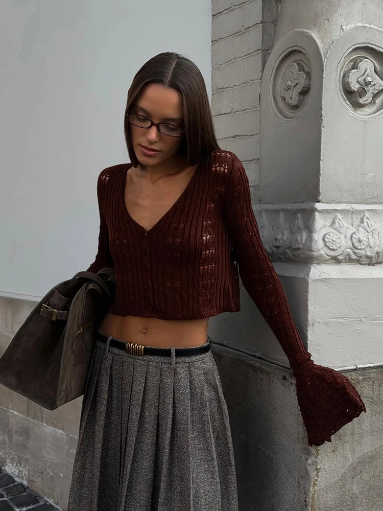 TARUXY Hollow Knitted Cardigan Women's Solid Long Sleeve V Neck Short Sweater Top Summer 2025 New Female Crochet Casual Outwear