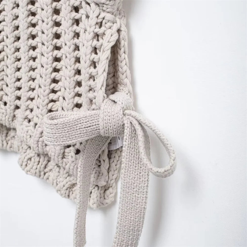 Hollow Out Knit Pullover Women Casual Round Neck Lace Up Bow Sweater Female Autumn Short Sleeves Solid Knitwears Lady - Smarsty