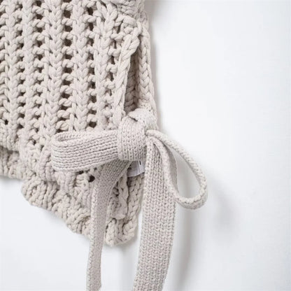 Hollow Out Knit Pullover Women Casual Round Neck Lace Up Bow Sweater Female Autumn Short Sleeves Solid Knitwears Lady - Smarsty