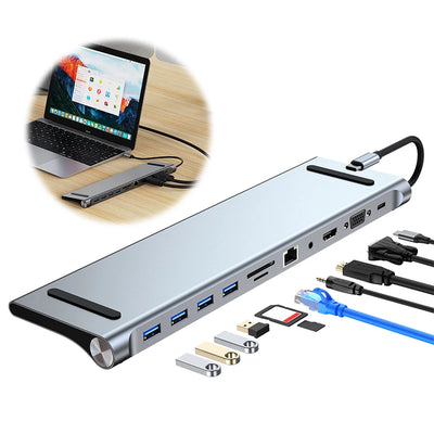 11 in 1 USB C Docking Station with 4K HDMI-Compatible VGA Ethernet USB C Dock 100W PD SD/TF Audio Type C Hub 1* USB 3.0 3*USB2.0 - Smarsty