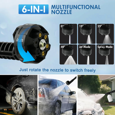 Cordless Pressure Washer Gun Electric 6 IN 1 Nozzle Portable 21V 500PSI 3200rpm High-Power With Battery 10M (32.8FT) Hose - Smarsty
