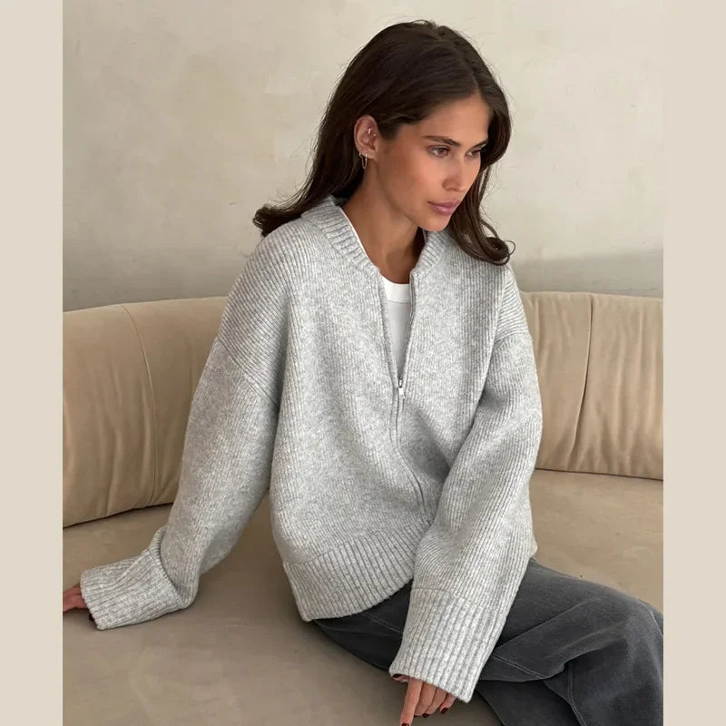 Vintage Knit Women Cardigan Casual Full Sleeve Zipper O Neck Pleated Solid Lady Sweater 2025 Autumn Fashion Female Knitwear - Smarsty