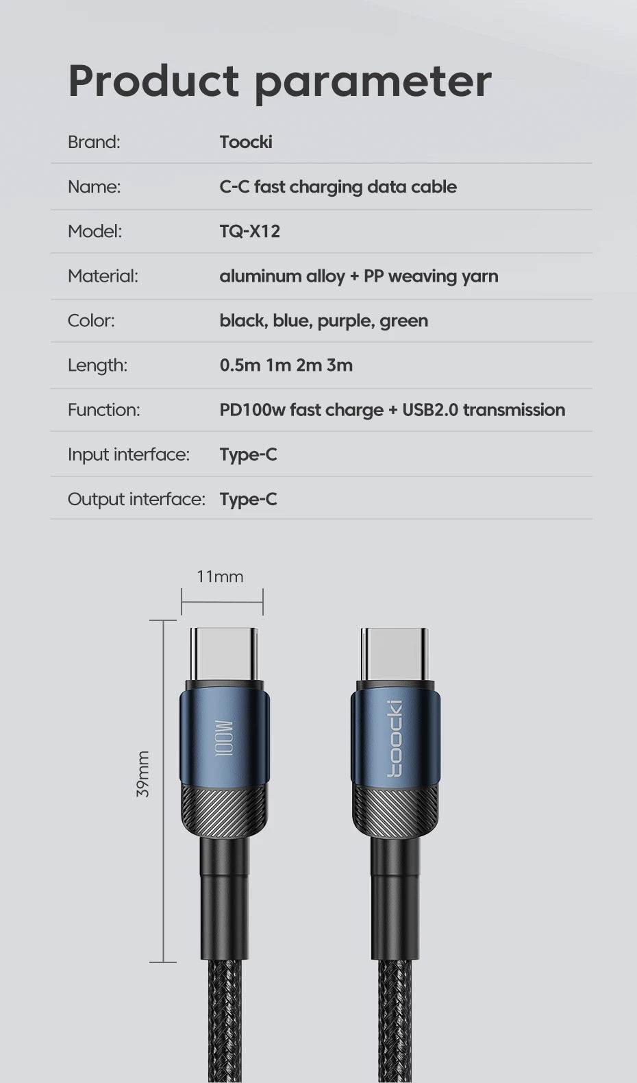 Toocki 60W/100W Type C to USB C Cable PD 3.0 Quick Charge Fast Charging Type C to Type C For Huawei Xiaomi Samsung Laptop - Smarsty