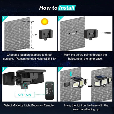 Outdoor Waterproof Solar Light with Motion Sensor 3-Head 200+ LEDs Security Light for Porches Garages Yard Entrances - Smarsty