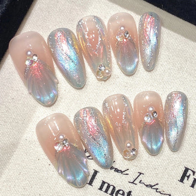 Handmade Blue Aurora Mermaid Press On Nails 10pcs - Smarsty