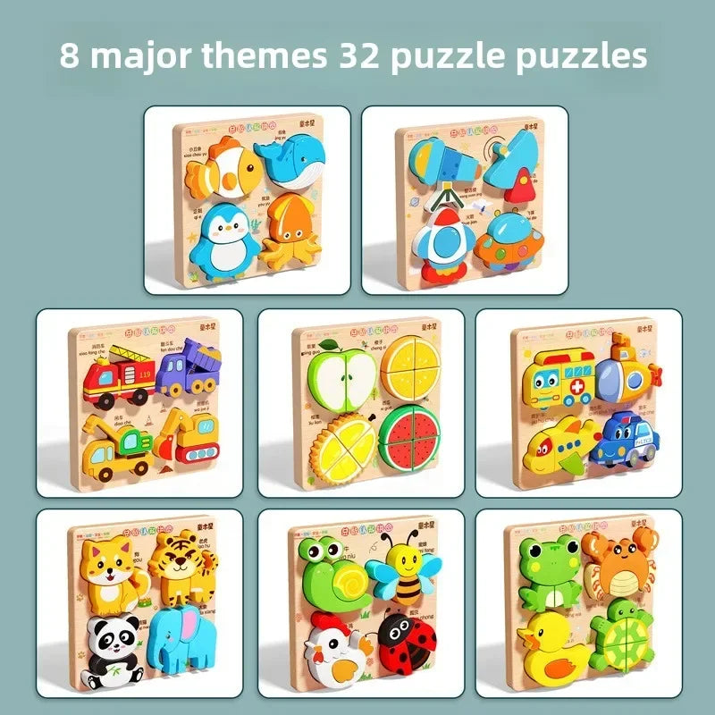 Montessori Cartoon 3D Wooden Puzzle Animal Traffic Jigsaw Toys for Kids Early Learning Educational Cognitive Game Children Gifts by Smarsty