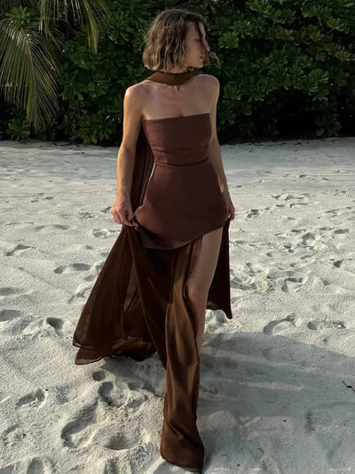 TARUXY Fashion Strapless Dress With Ribbon Female Elegant Sleeveless Mesh Beach Vacation Long Dress 2025 Spring New Women Dress - Smarsty
