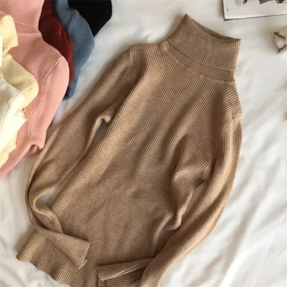 2024 Autumn Winter Thick Sweater Women Knitted Ribbed Pullover Sweater Long Sleeve Turtleneck Slim Jumper Soft Warm Pull Femme - Smarsty